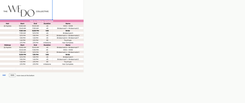 Screenshot of The We Do Collective's Hair & Makeup Schedule Wedding Spreadsheet Template
