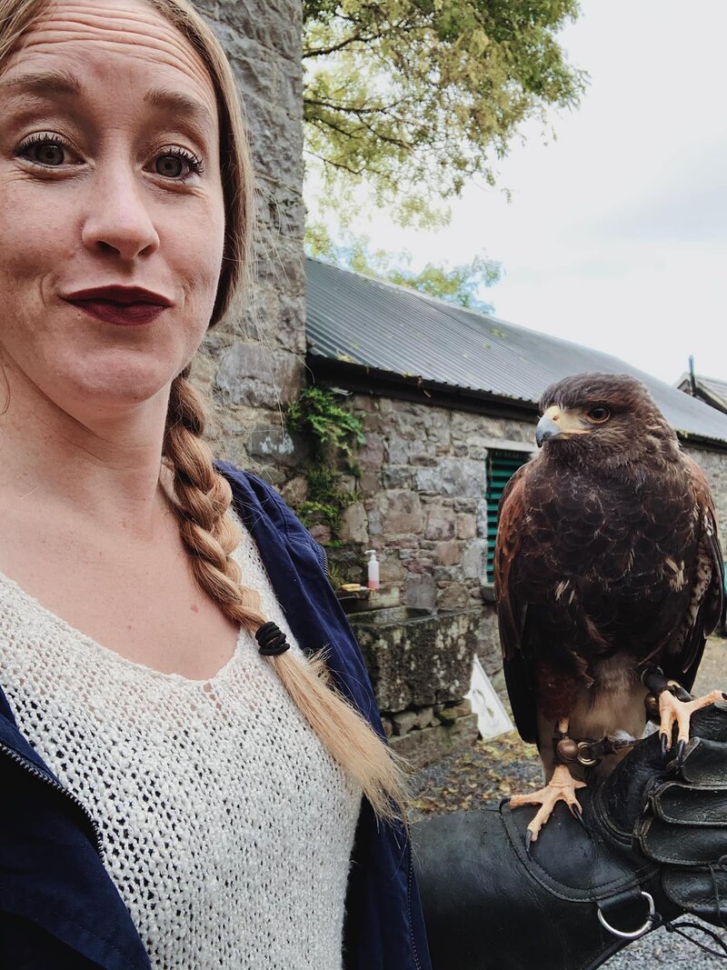 Karli holding a falcon at the School of Falconry in Ireland