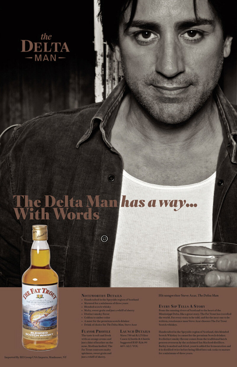 Branding Photo Steve Azar Fat Trout Whiskey The Delta Man holding whisky glass black and white with color image of bottle in corner with advertisement text