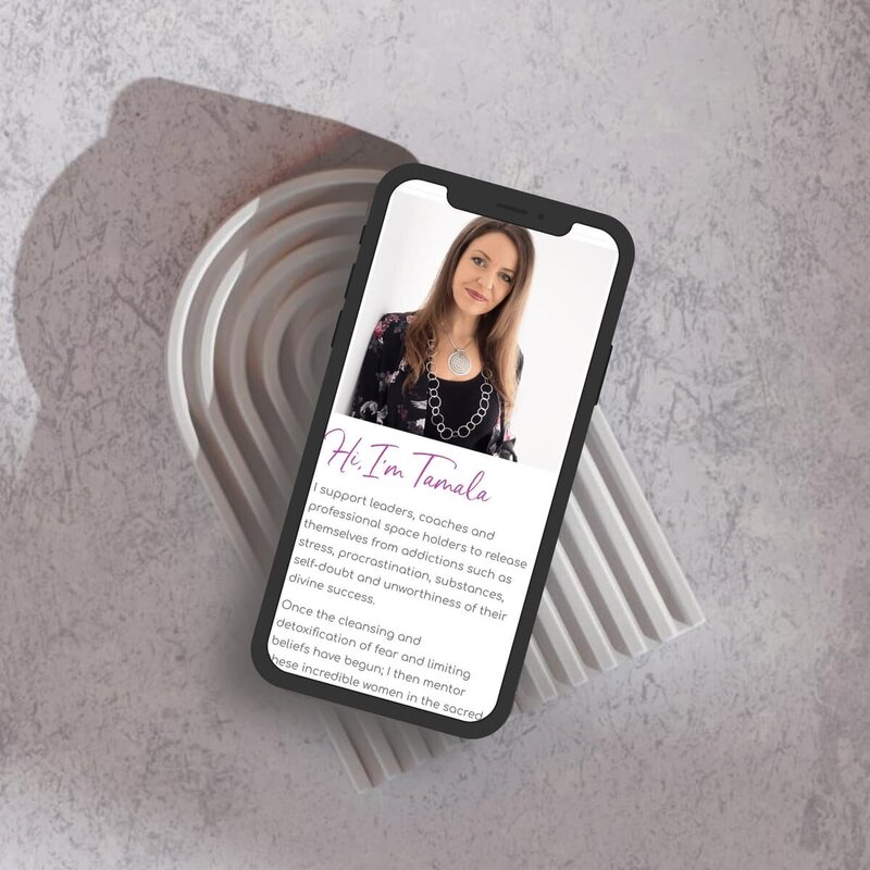 Device mockup showing Tamala Ridge’s website on apple iphone, custom website design by Rachelle Deem for spiritual business coach