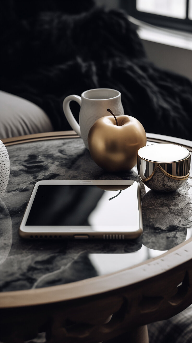 ipad sitting on mirror coffee table beside a candle, golden apple, and mug