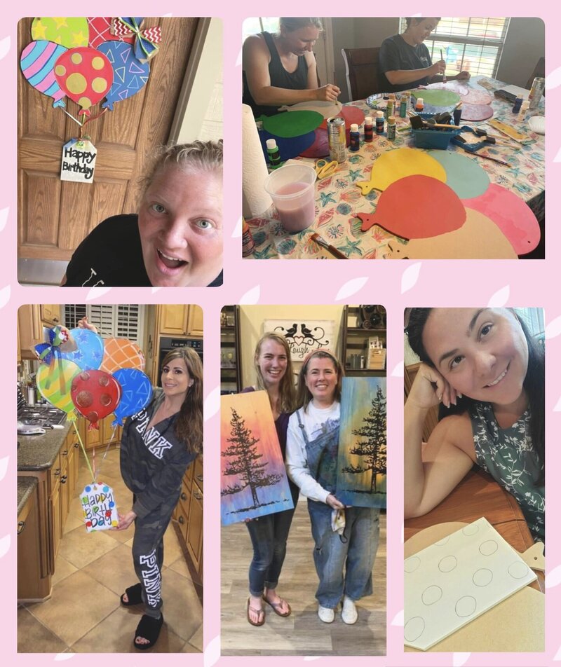 Various women holding up birthday balloon wooden door hanger