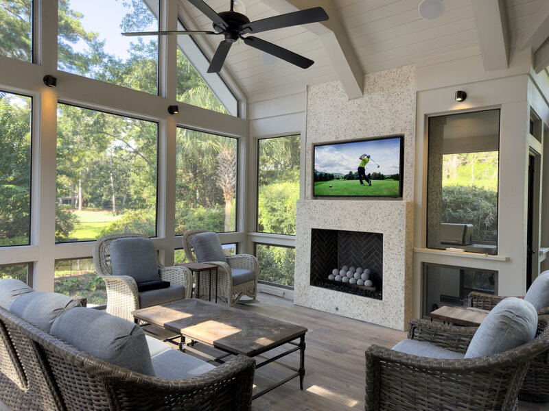 Screened porch with outdoor TV and entertainment system