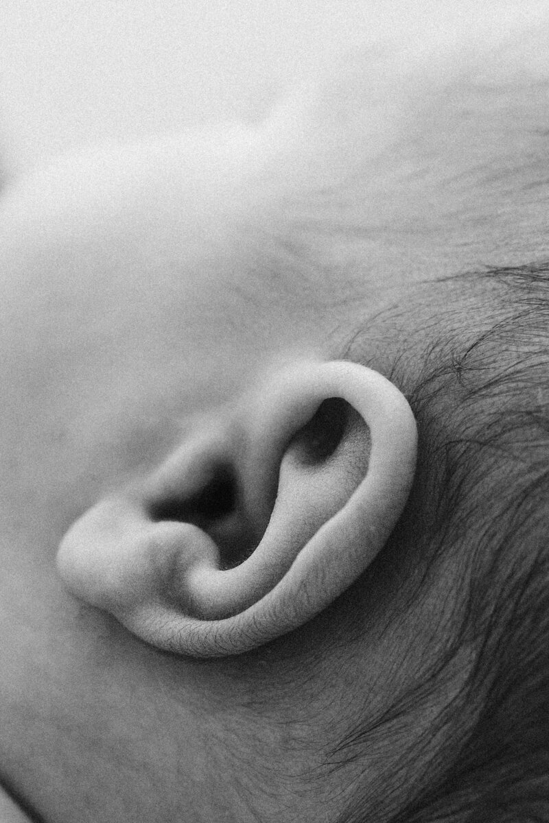 A black and white close up shot of a babys ear, taken during a portrait photoshoot with Christchurch photographer Lucy Jane Photography