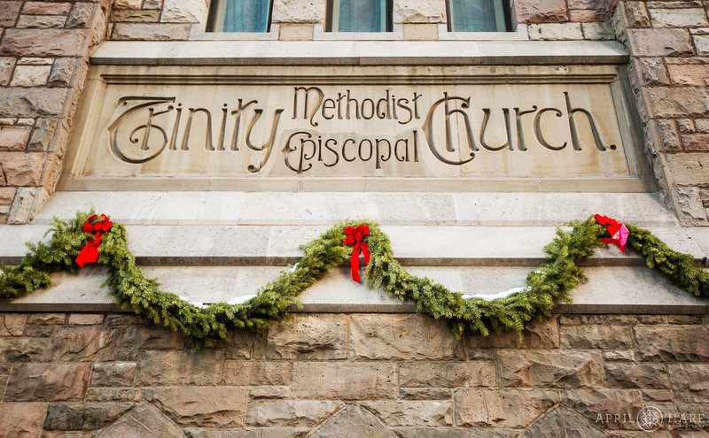 Historic church Sign on Trinity United Methodist Church downtown Denver