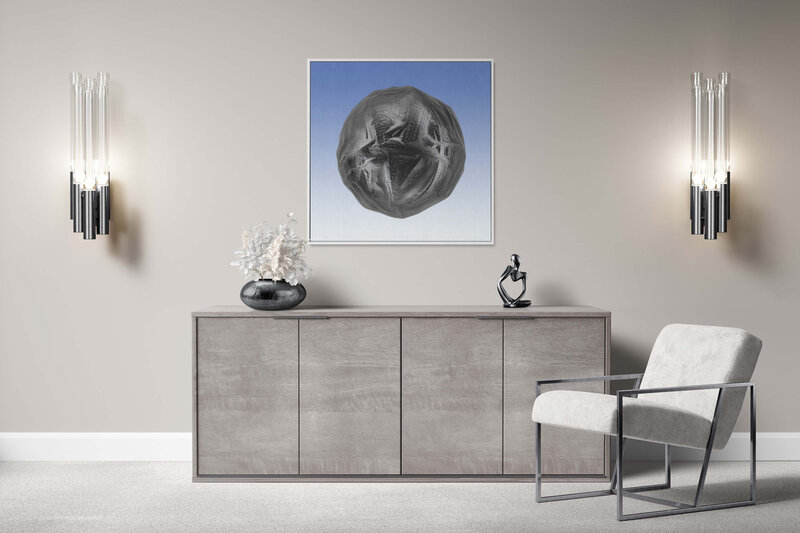 Fine Art Canvas with a white frame featuring Project Stardust micrometeorite NMM 3661 for luxury interior design