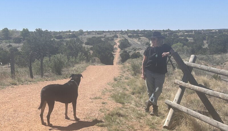 Woman with dog in desert