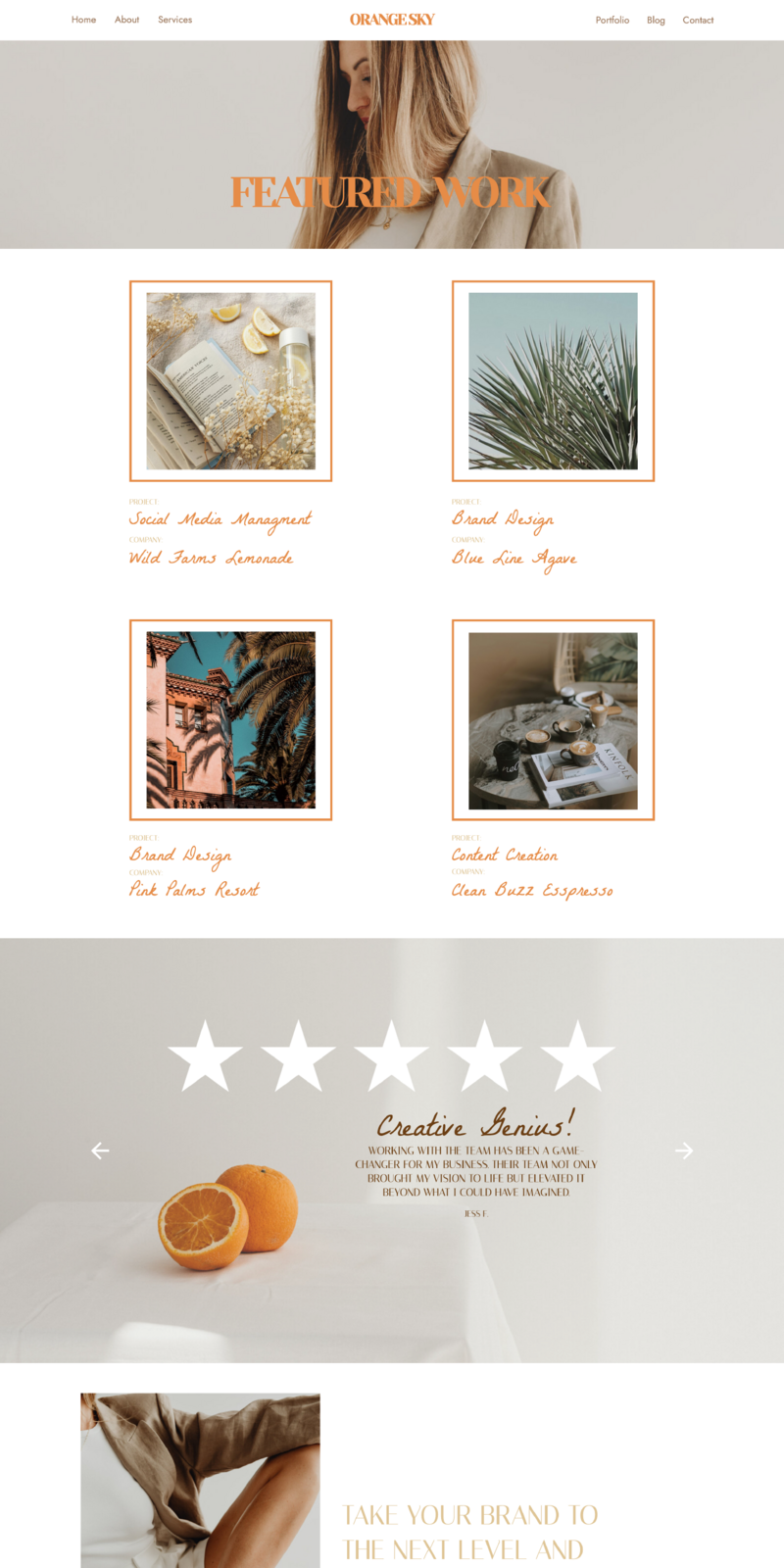 The Orange Sky Website Template is the perfect website template for marketing agencies, virtual assistants, social media managers, designers, artists and other creative service providers. Includes blog pages and portfolio pages.
