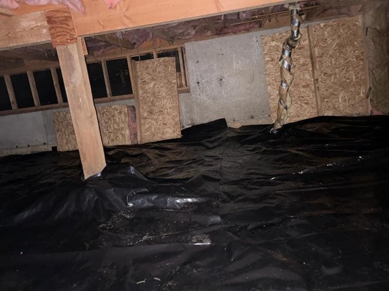 Clean, encapsulated crawl space with vapor barrier installation