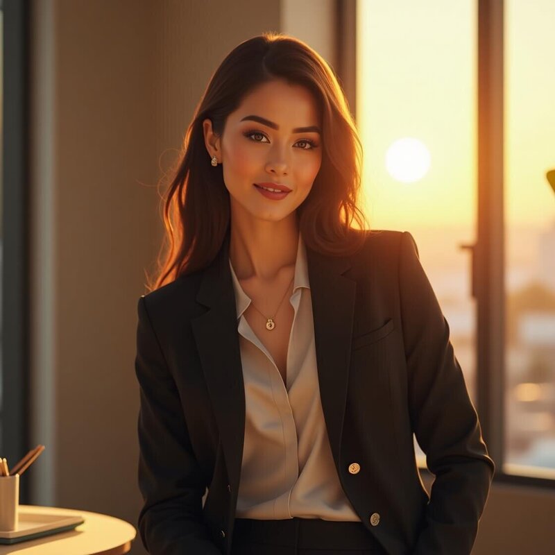 Portrait d’une femme professionnelle éclairée par une lumière dorée au coucher du soleil, illustrant le pack Lueur dédié au reportage photo authentique de Lili Créa Design à Saint-Nazaire