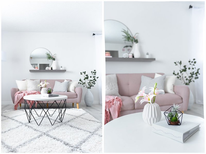 white and pink living room design