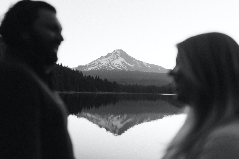 black and white photo of couple at trillium lake