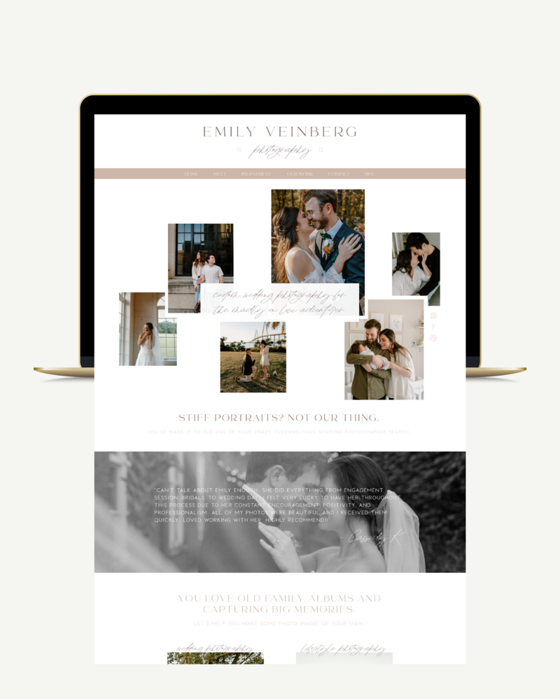 Screen capture of Emily Veinberg Photography Showit website design displayed on gold macbook pro
