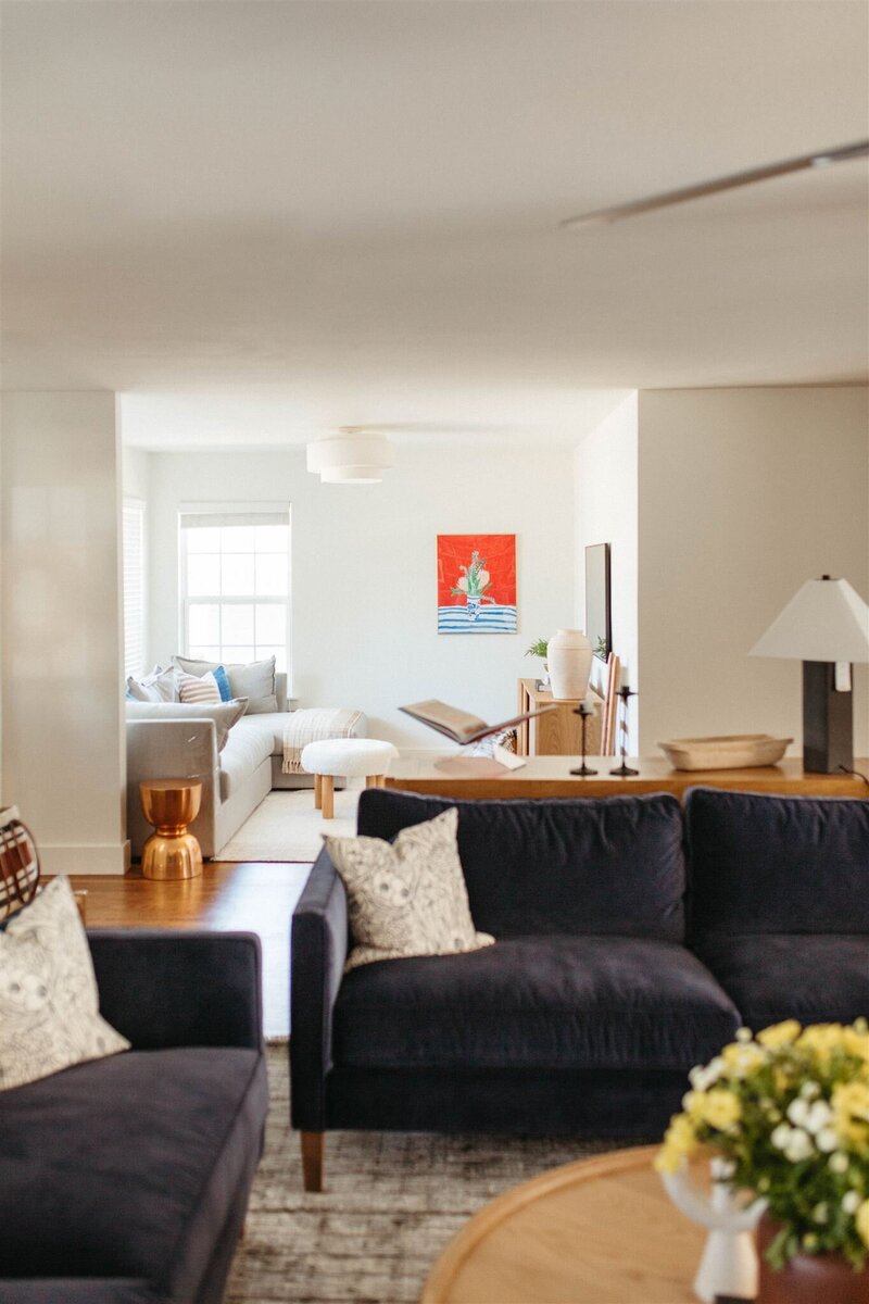 Energetic, modern, casual living room designed by Home Miriam Designs in DFW