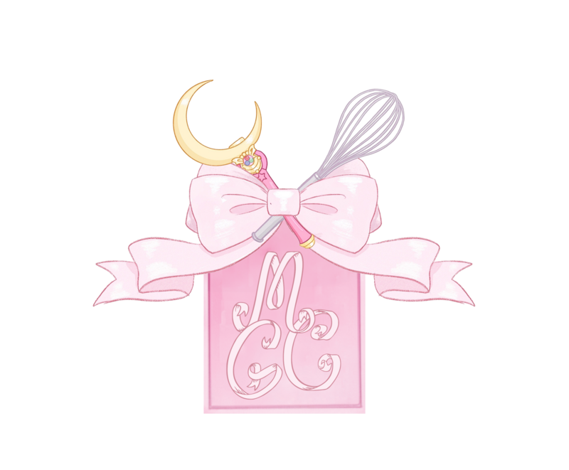 Magical girl logo. Pink bow with a wand and a whisk. Color is baby pink. There is a banner with the letters "MGC" in a ribbon font.