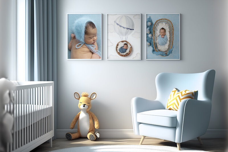 Three framed fine art newborn  images hang on a wall in a nursery with a crib , toys and chair designed by a NJ Baby & Children Photographer