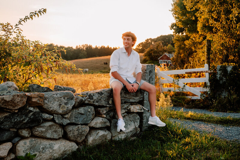 Boy sitting on a stone wall looking to his right for his Boston senior pictures.