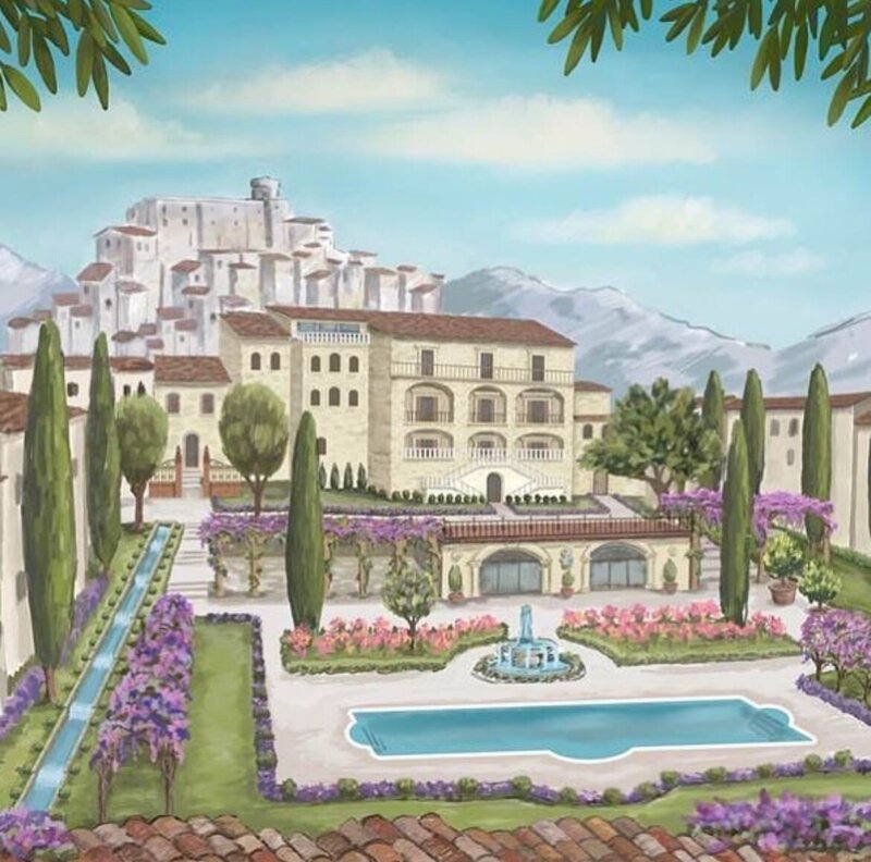 Luxusresidenz Palazzo Ricci in Casoli, Italien – Ausblick auf ein restaurierte italienische Villa einer Adelsfamilie Ricci mit angelegten Gärten, Zypressen, Bergkulisse und mittelalterlicher Altstadt in den Abruzzen