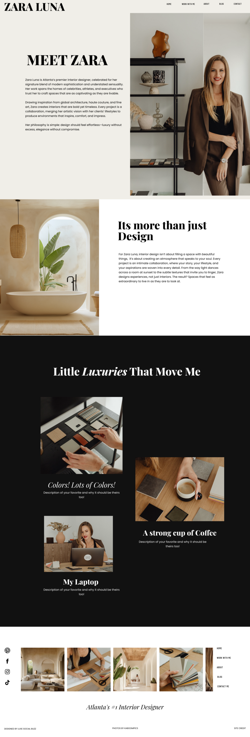 Interior design brand website displayed on tablet with neutral background.