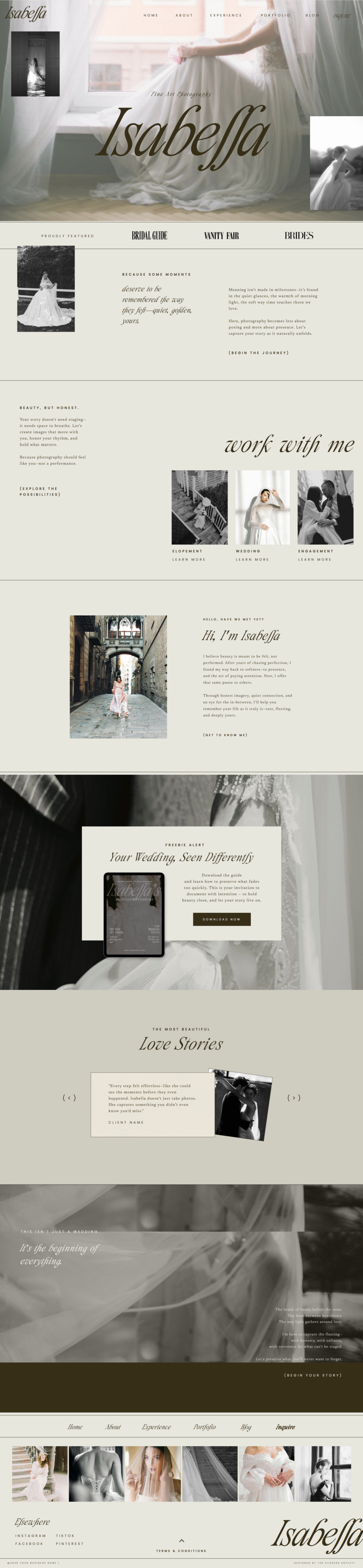 Elegant bridal portrait framed in soft natural light, featured in a cinematic Showit homepage design—created for fine art wedding photographers seeking an editorial, high-end website in just one day.