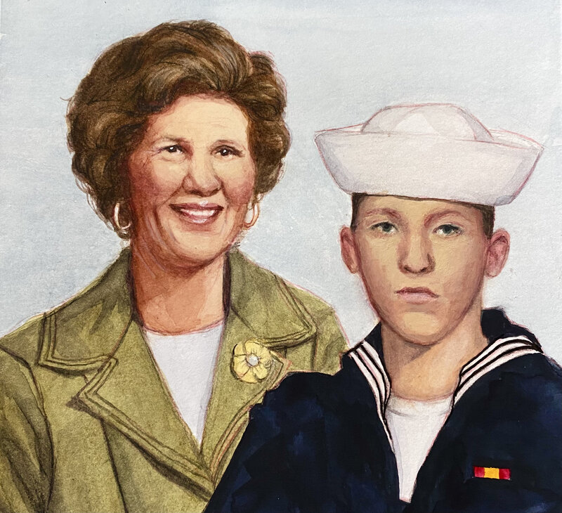 A portrait of a mother and her son who is in the army. 