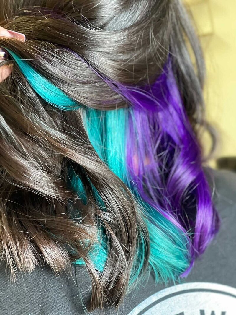 brown hair with turquoise and purple