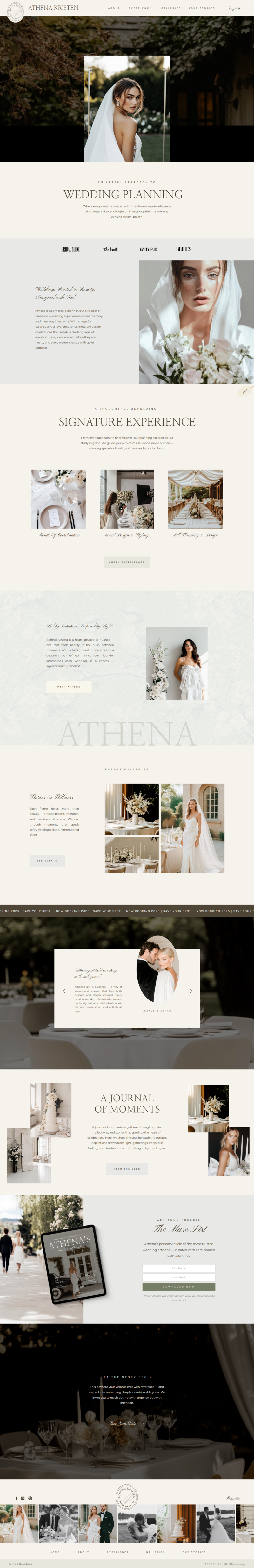 Elegant homepage design featuring refined typography and soft-toned imagery, created for wedding planners who value beauty and presence.