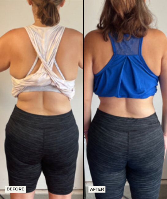 Before and after photos of Laura, a 49-year-old client, showing visible strength and transformation after working with Vanessa at The Strong Fit Life.
