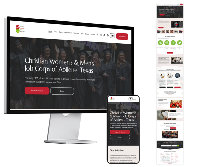 Custom website mockup for Christian Job Corps of Abilene, TX, shown in desktop and mobile views, with full homepage preview on the right