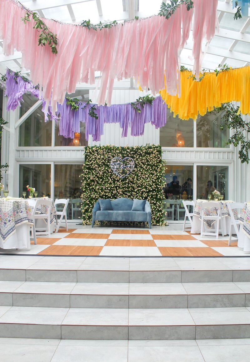 Room decor with blue couch and floral wall