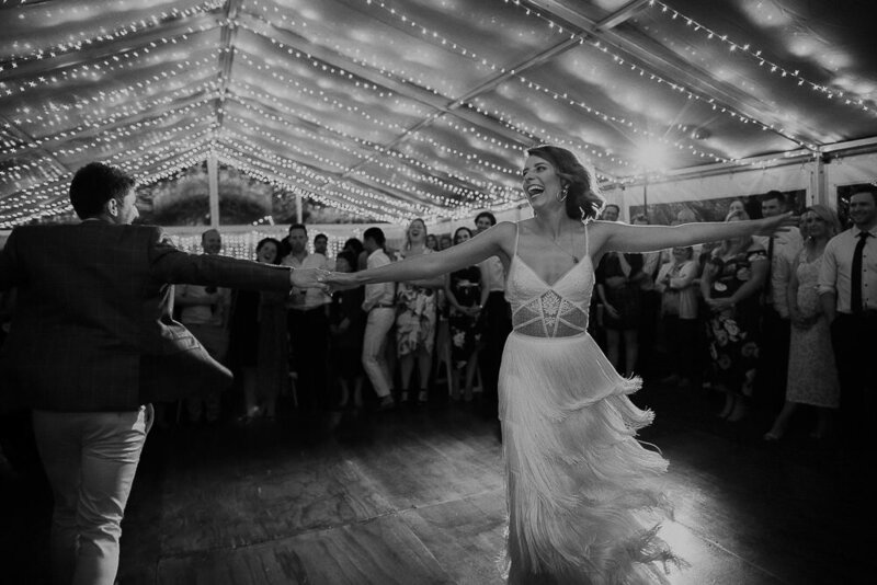 bride and groom having their first dance at their warburton private property wedding