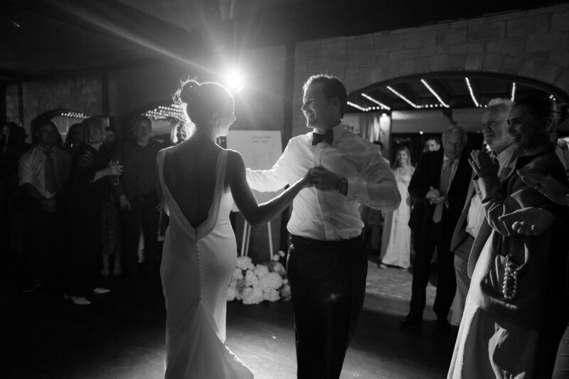 bride and groom first dance captured at mudbrick venue in new zealand