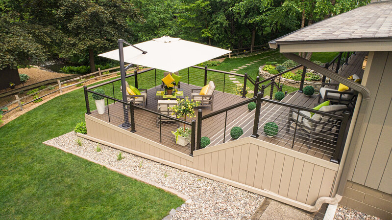 Aerial view of a highly custom composite deck with coordinated furnishings. 