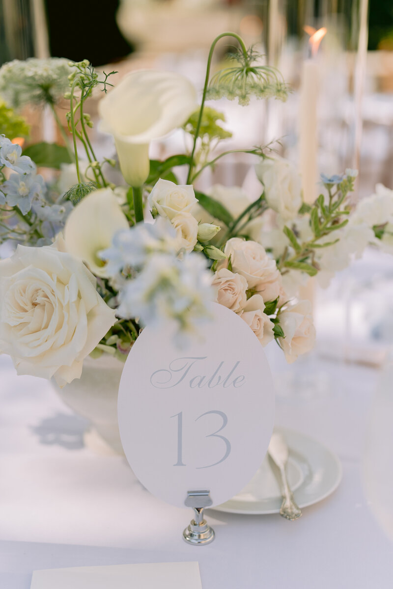 wedding table number with lush floral centerpiece
