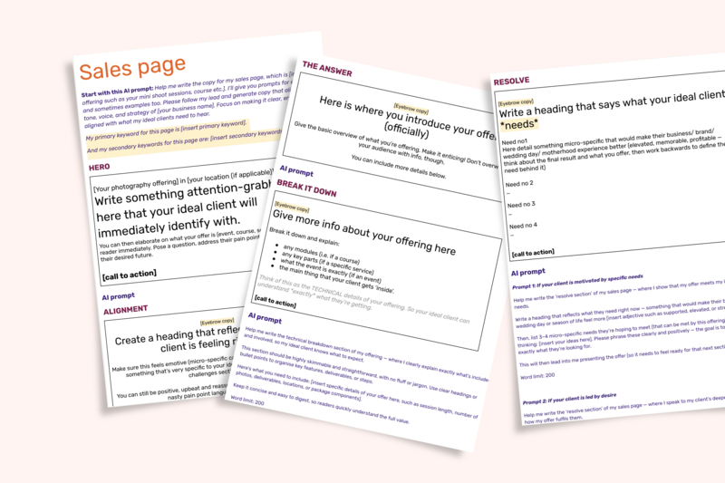 Sales page website copywriting template for photographers in Google docs