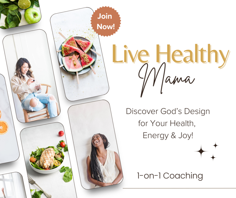 Graphic of the Live Healthy Mama course. Discover God's Design for Your Health, Energy, and Joy. 1-on-1 Coaching