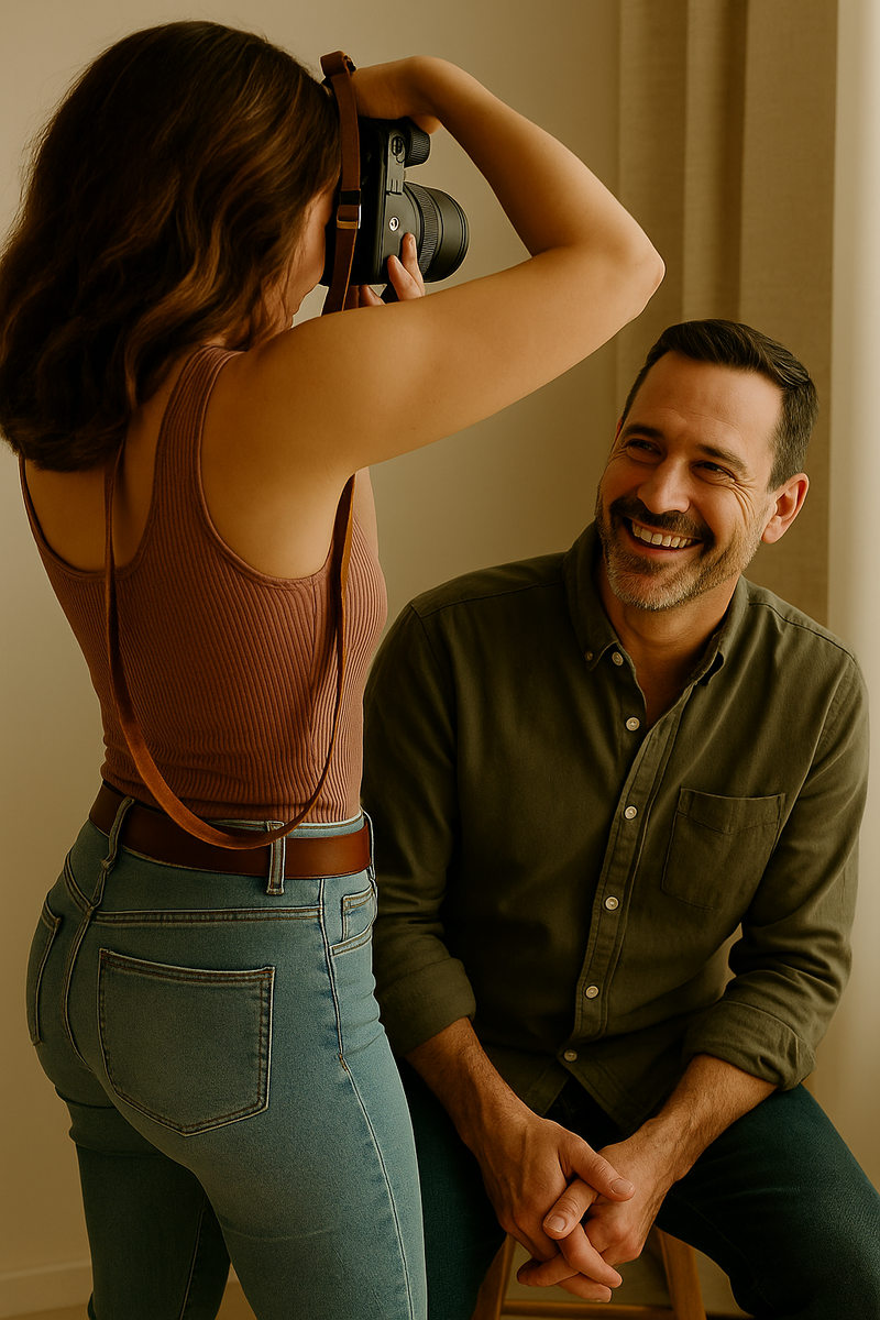 Natural light dating profile photo of a relaxed, smiling man taken by Minneapolis photographer Shannon Kathleen.