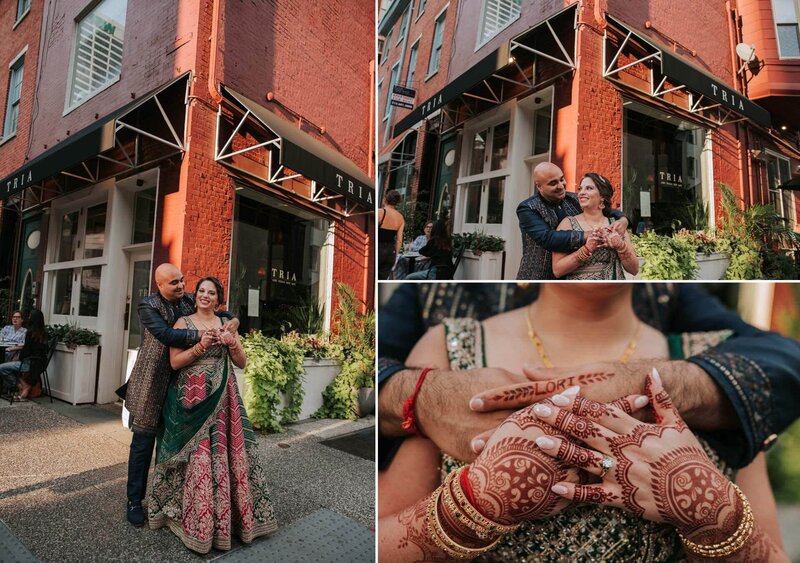 Couple standing outside of cafe in Philadelphia.