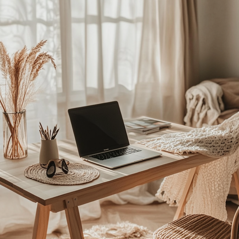 Holztisch mit Laptop, Sonnenbrille und Schreibutensilien, dekoriert mit Trockenblumen und natürlichem Licht im Hintergrund. Symbolisiert produktive und inspirierende Arbeitsumgebungen für dein Online-Business.