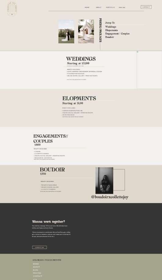 Photographer pricing page.