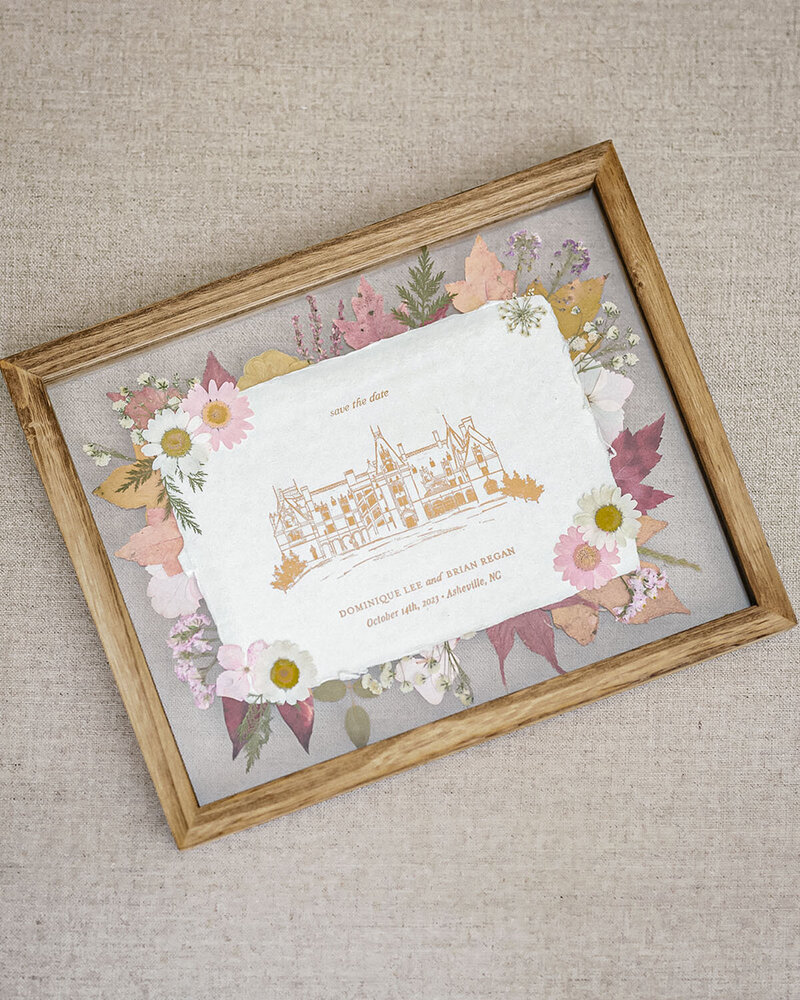 Dominique Alba Studio Custom fabrication framed save the dates with pressed flowers