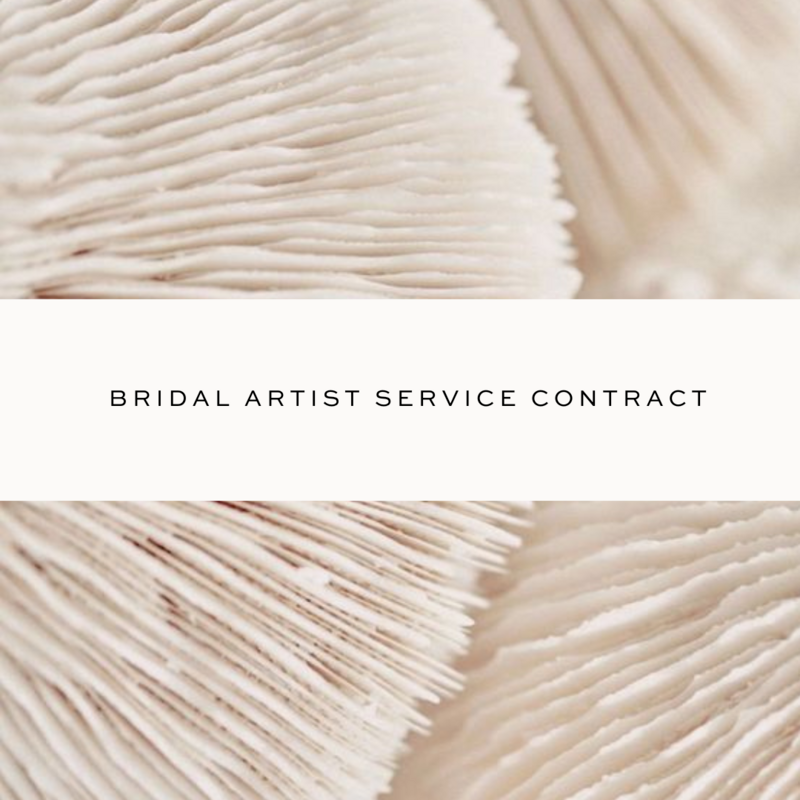 Promotional graphic for bridal hair and makeup contract with makeup brushes in the background.