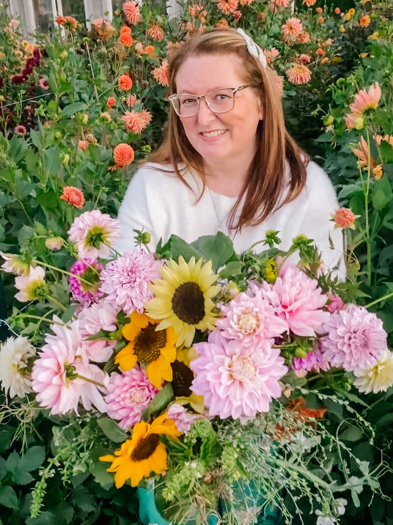 Amy Williams in a flower field, is a family and school photographer in Vancouver, BC