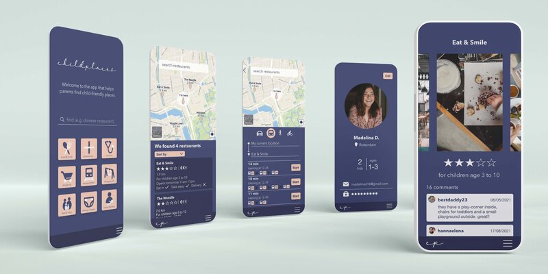 mockups verticales de teléfonos, una al lado de la otra, mostrando la aplicación childplaces