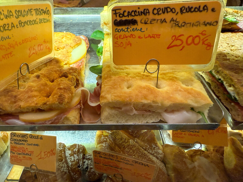 Pastries and focaccia from Forno a Vapore Amadeo Giusti in Lucca, Italy