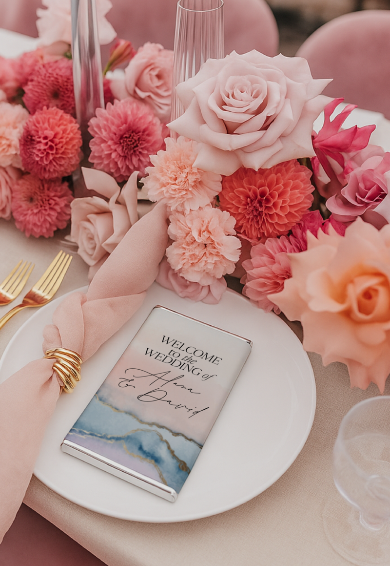 Luxury personalised bridal chocolate bar placed on an elegant wedding table setting with blush florals, designed by Barilliant Australia.