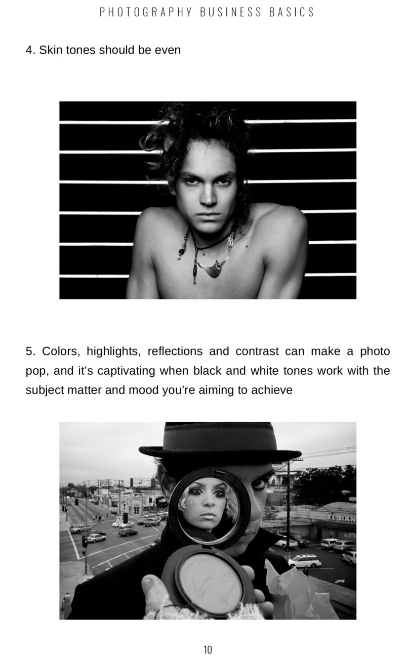 Photography tips four and five from Photography Business Basics book with corresponding example images in black and white