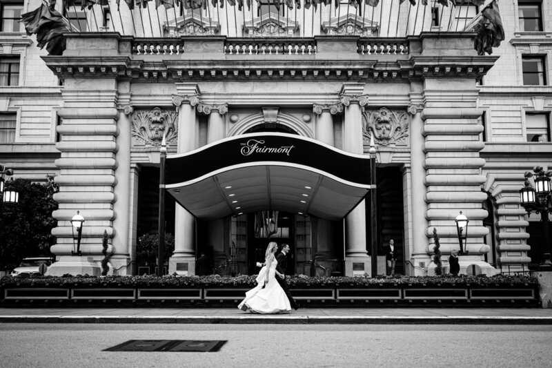 Bride portrait at historic Fairmont San Francisco entrance with iconic Nob Hill architecture - wedding photographer
