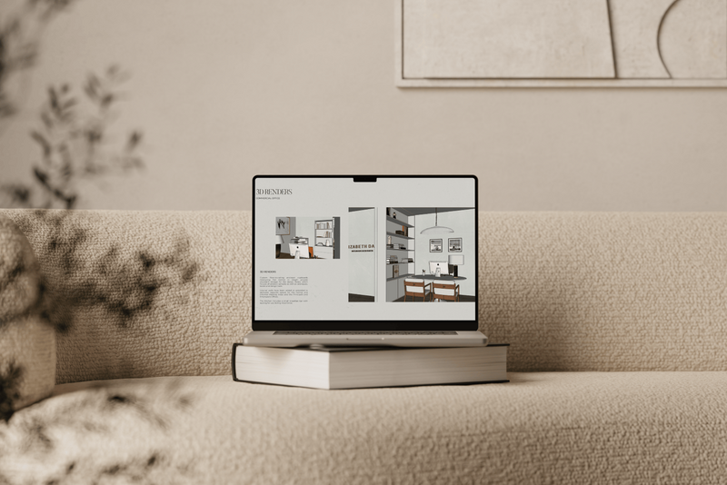 Laptop resting on a book on a beige bouclé sofa, displaying 2D perspectives of rooms in an interior design studio.