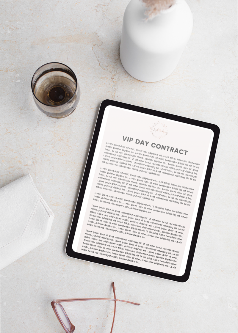 Get a custom tailored VIP Day Contract template to list clear boundaries and expectations throughout the day, parameters, and protect yourself from unrealistic client expectations. VIP day contract template, vip day coaching, business agreement template, legal contract template, legal agreement template.